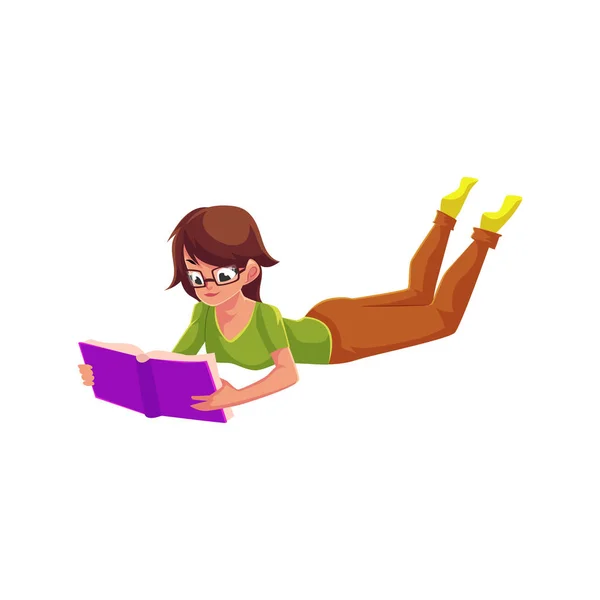 Menina, mulher de óculos lendo um livro em posição deitada —  Vetores de Stock