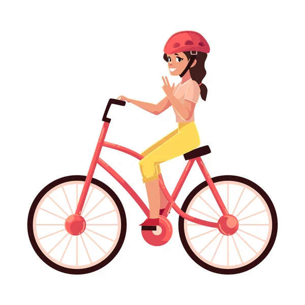 Young pretty woman, girl riding bicycle, cycling, cartoon vector illustration — Stock Vector