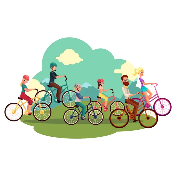 Família de quatro - pai, mãe, filha, filho - andar de bicicleta — Vetor de Stock