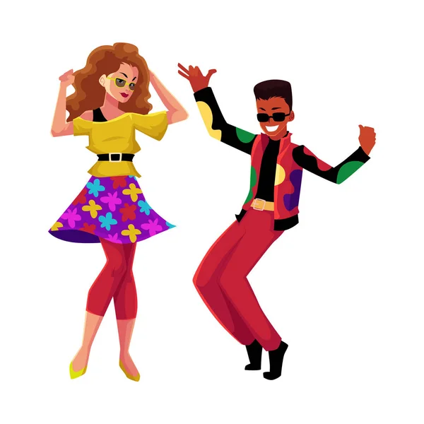 Kaukázusi lány és a fekete ember-a nyolcvanas évek retro disco party — Stock Vector