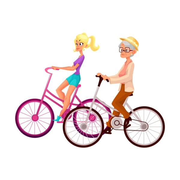 Старая и молодая женщина катаются на велосипеде, катаются вместе — стоковый вектор