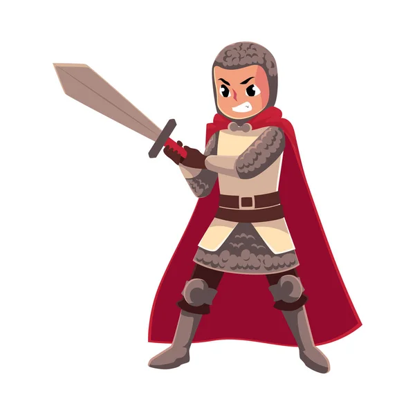 Aprendiz de caballero medieval, portador de espada, escudero en armadura de cadena — Vector de stock