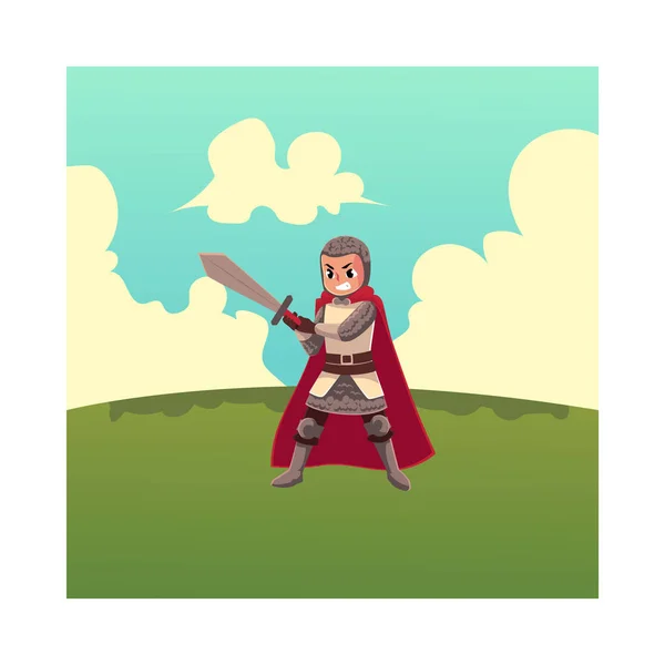 Aprendiz de caballero medieval, portador de espada, escudero en armadura de cadena — Vector de stock