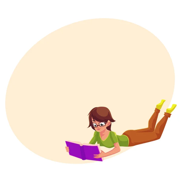 Fille, femme en lunettes lisant un livre en position couchée — Image vectorielle