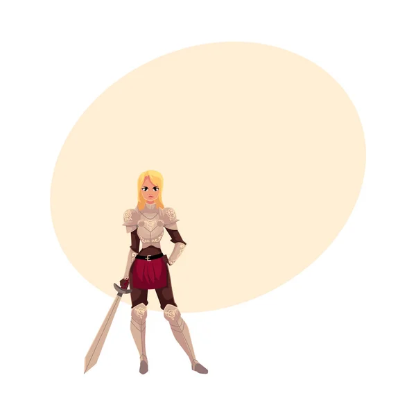 Beautiful blond woman dressed as medieval knight holding sword — Stock Vector