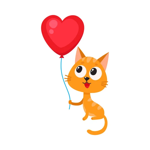 Leuke en grappige kat, katje Rode hartvormige ballon te houden — Stockvector