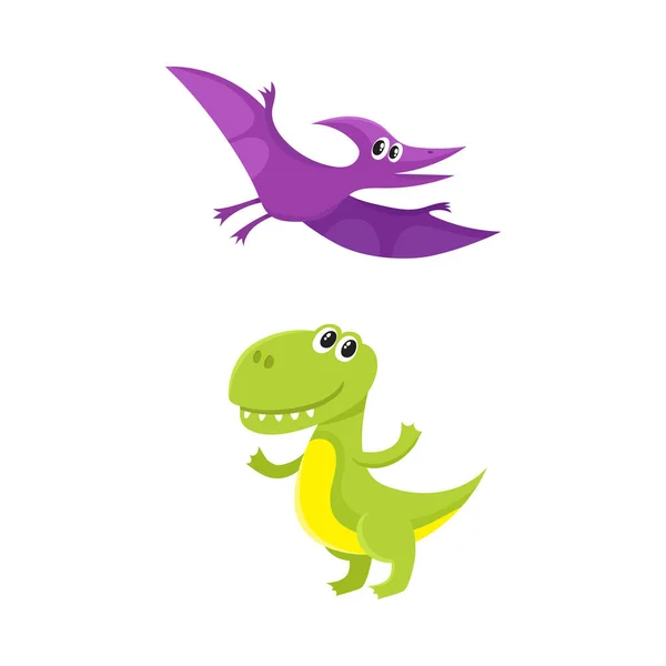 Two cute and funny baby dinosaur characters - tyrannosaurus and pterodactyloidea — Stock Vector