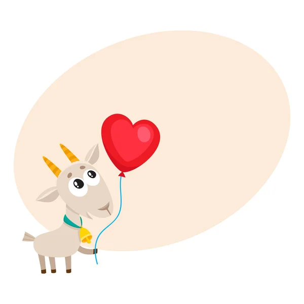 Cute and funny goat holding red heart shaped balloon — Stock Vector