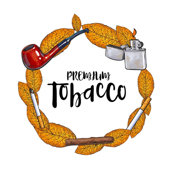 Yuvarlak kare yasaktır boru, çakmak, puro, Sigara, tütün yaprakları — Stok Vektör