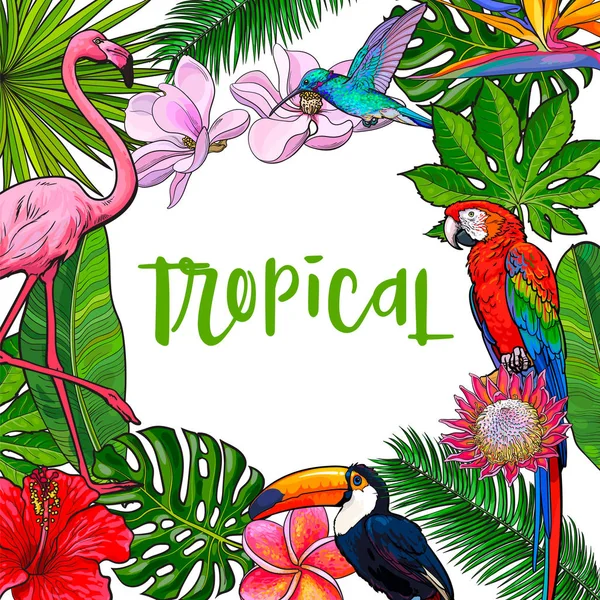 Bannière avec feuilles de palmier tropical, oiseaux, fleurs, lieu de texte — Image vectorielle