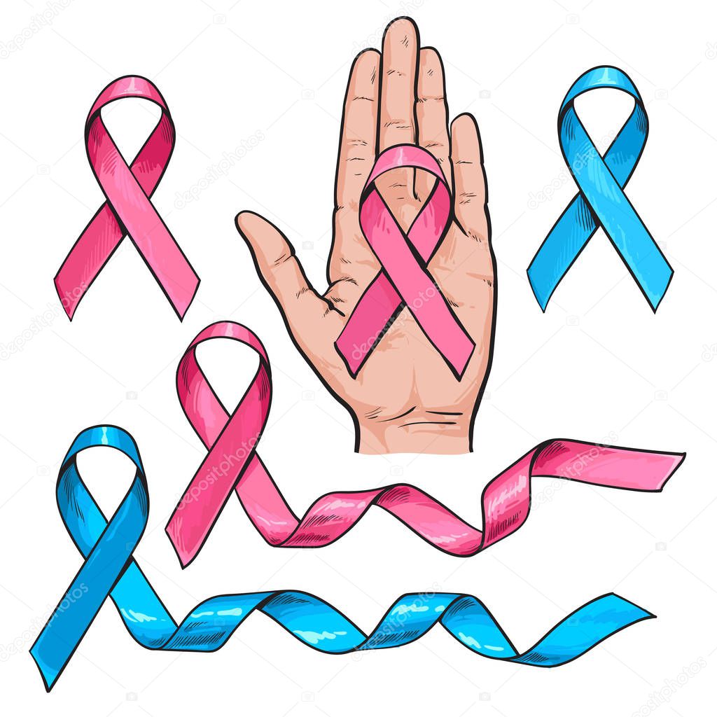Pink and blue ribbon set, breast cancer awareness symbol