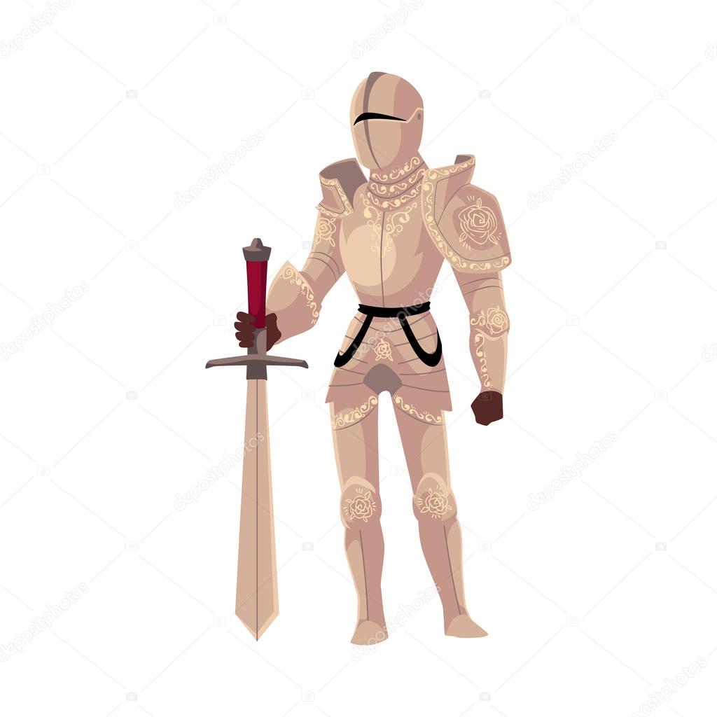 Medieval knight in decorated metal suits of armor holding sword