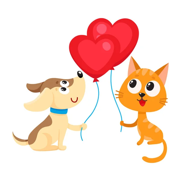 Divertente cane, cucciolo e gatto, gattino con un palloncino a forma di cuore — Vettoriale Stock