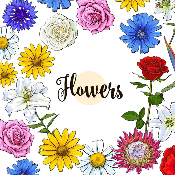 Banner cuadrado varias flores con lugar redondo para el texto — Vector de stock