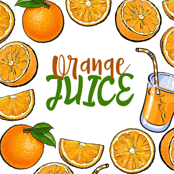 Banner enmarcado con naranjas y jugo fresco, lugar para el texto — Vector de stock