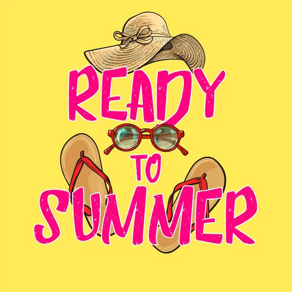 Cartel listo para el verano, diseño de pancartas con atributos de vacaciones de verano — Vector de stock