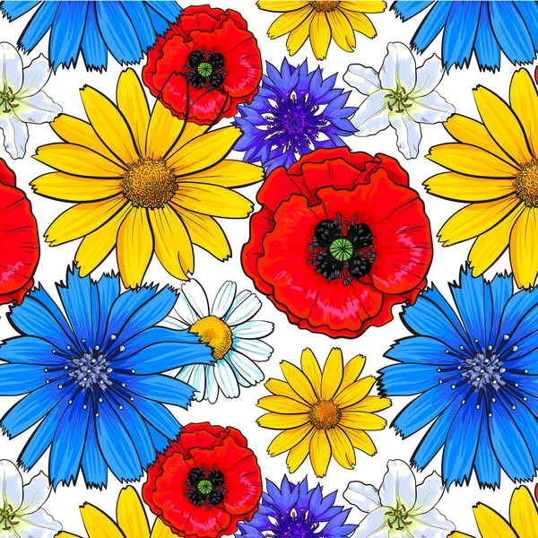 Seamless pattern of top view wild and garden flowers — Stock Vector