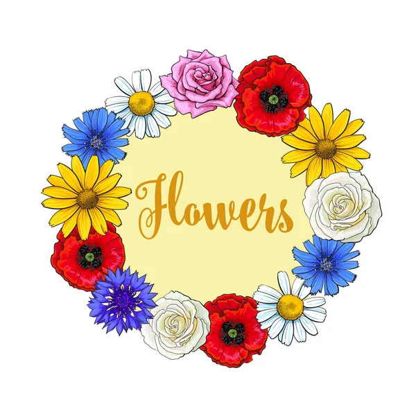 Tarjeta de felicitación, plantilla de postal con corona de flores silvestres, jardín — Vector de stock