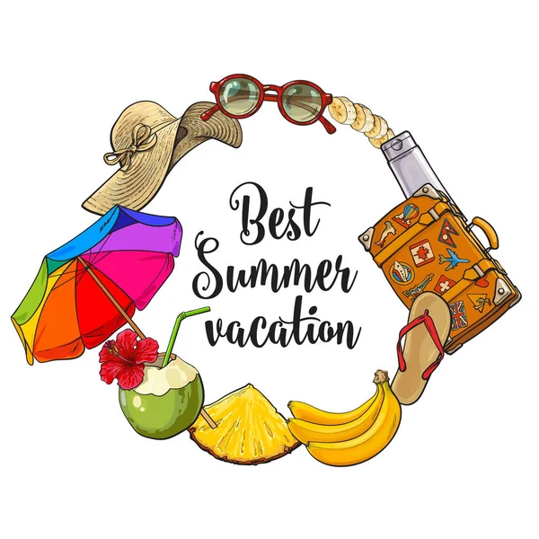 Cadru rotund al timpului de vară atribute de vacanță, banner de vacanță pe plajă — Vector de stoc