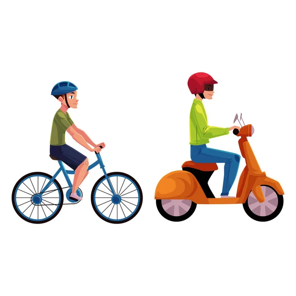 Scooter e ciclistas, motoristas, pilotos usando capacete, vew lado — Vetor de Stock