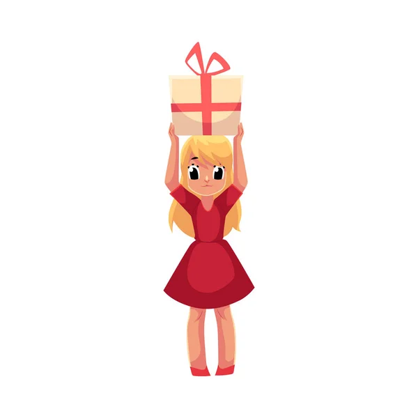 Little girl in red dress holding birthday gift over head — Stock Vector