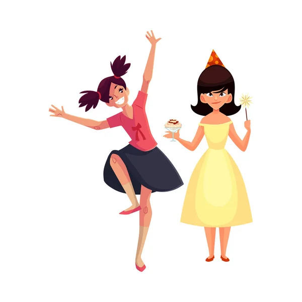 День народження дівчина і її друг танцюють на вечірці, розважаючись — стоковий вектор