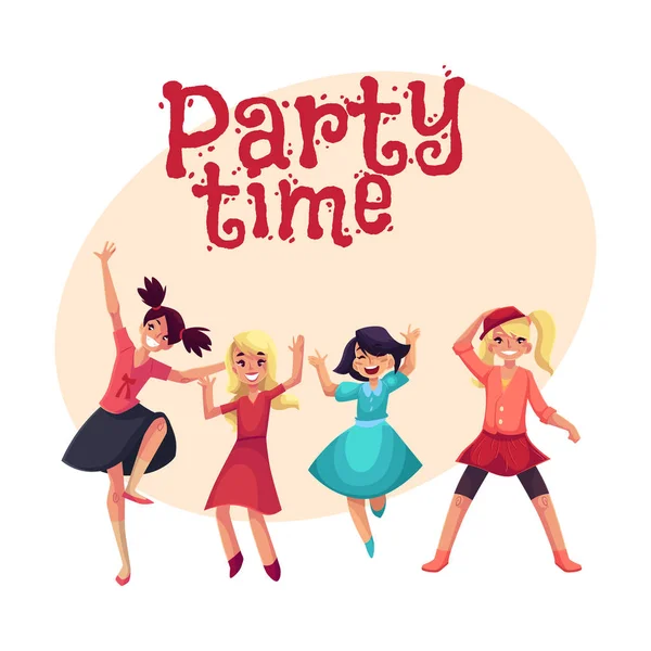 四个女孩中颜色鲜艳的衣服玩开心，在聚会上跳舞 — 图库矢量图片