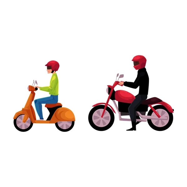 Motorcycle, motorbike and scooter drivers, riders wearing helmet, side vew — Stock Vector