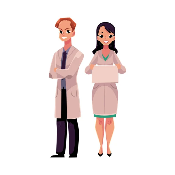 Médecins masculins et féminins en manteaux médicaux, hommes et femmes — Image vectorielle
