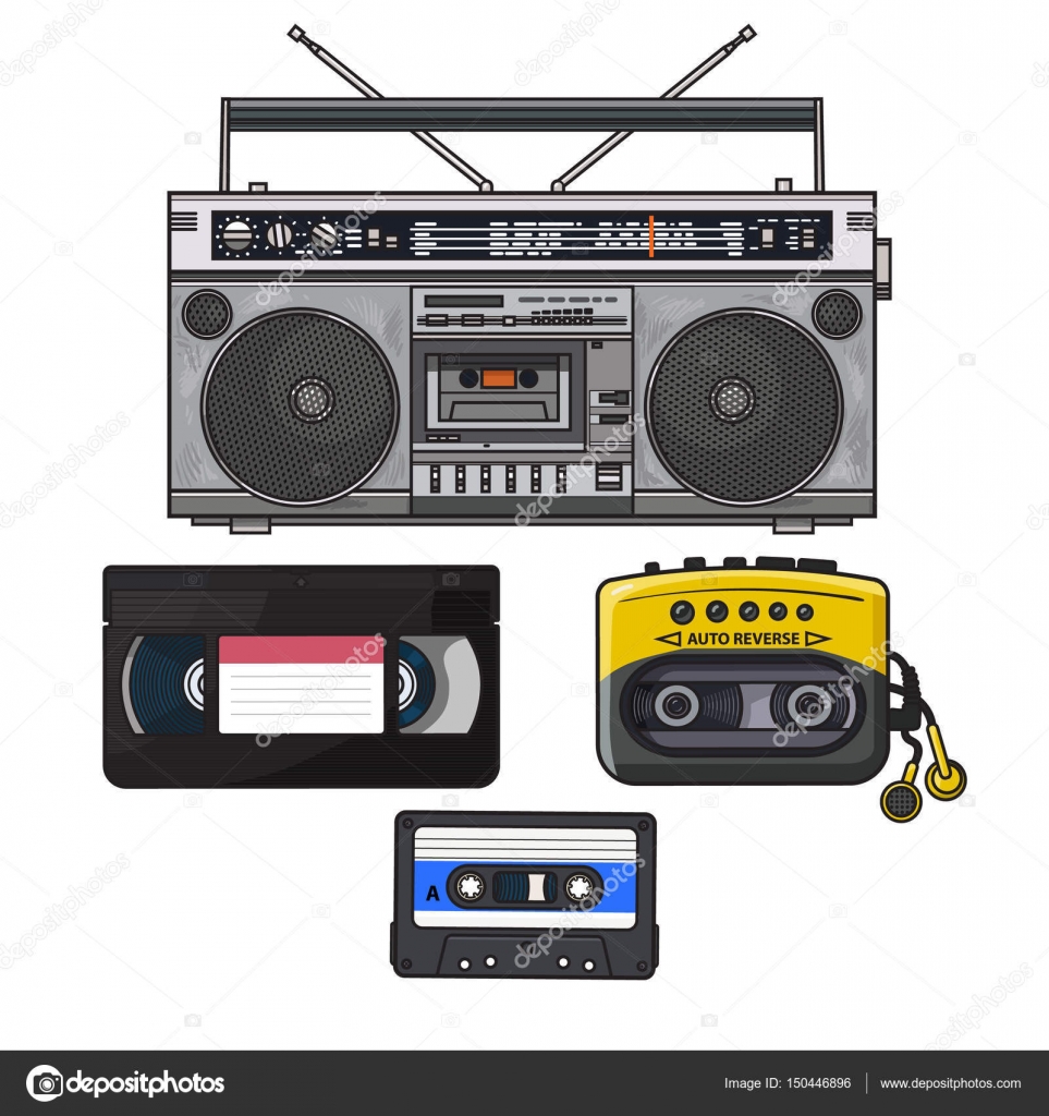 Retro audio cassette, tape recorder, music player, videotape from 90s