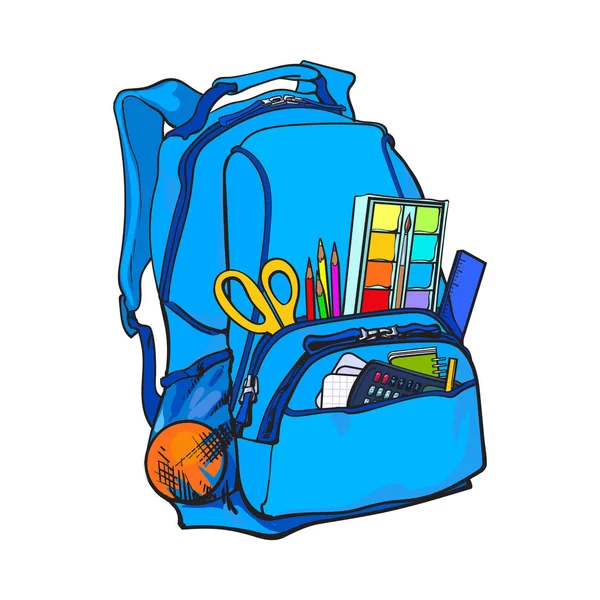 Blå ryggsäck packad med skolan objekt, leveranser, stillastående objekt — Stock vektor