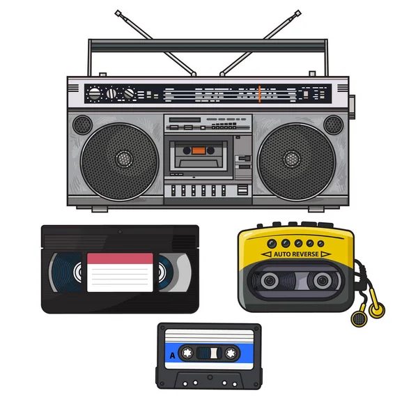 Retro cassette de audio, grabadora, reproductor de música, cinta de vídeo de los años 90 — Vector de stock
