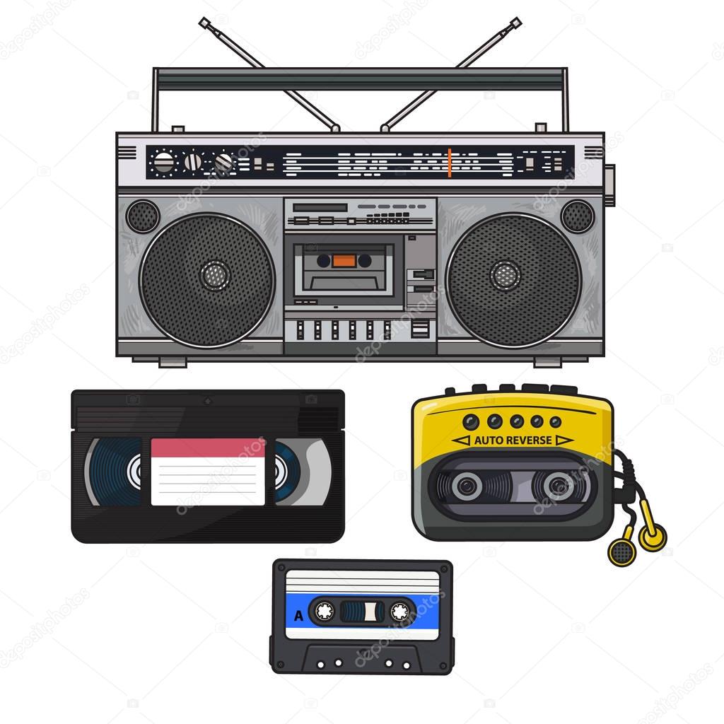 Retro audio cassette, tape recorder, music player, videotape from 90s