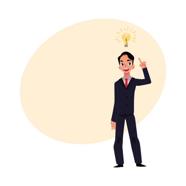 Young businessman having idea, lightbulb as symbol of business insight — Stock Vector