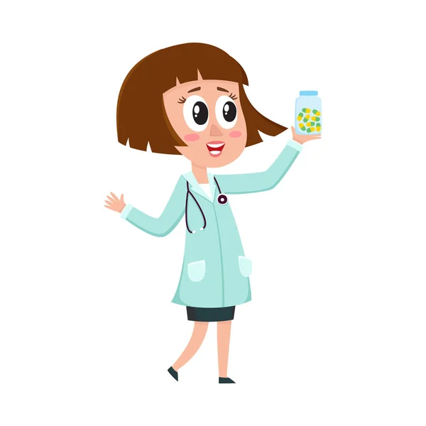 Comic mujer médico carácter con bob corte de pelo celebración botella de medicina — Archivo Imágenes Vectoriales