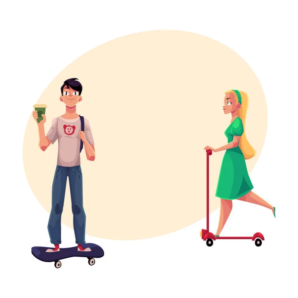 Menina, mulher montando empurrar scooter e menino, homem no skate — Vetor de Stock