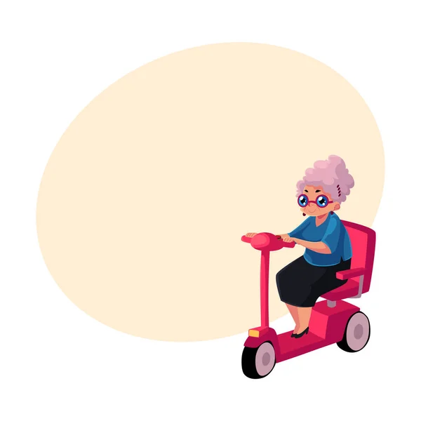 Elegante velha senhora dirigindo, montando scooter moderno, ciclomotor, transporte pessoal —  Vetores de Stock