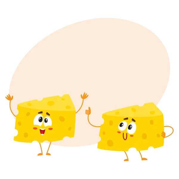 Deux personnages amusants du morceau de fromage, montrant pouce levé et salutation — Image vectorielle