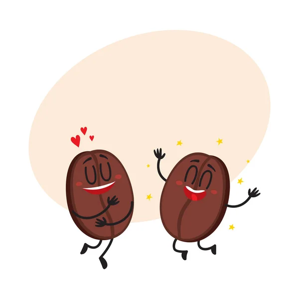 Два смешных персонажа кофейных зерен, показывающие любовь, благоговение и восторг — стоковый вектор