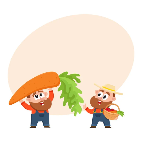 Caractères agricoles drôles récolte de légumes, tenant carotte géante, panier tissé — Image vectorielle