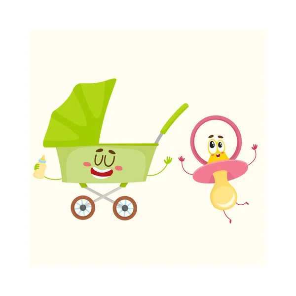 Grappige baby kar, buggy en dummy, pacifier karakter, pasgeboren accessoires — Stockvector