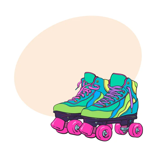 Par de patines vintage, retro quad roller skates, boceto estilo ilustración — Vector de stock