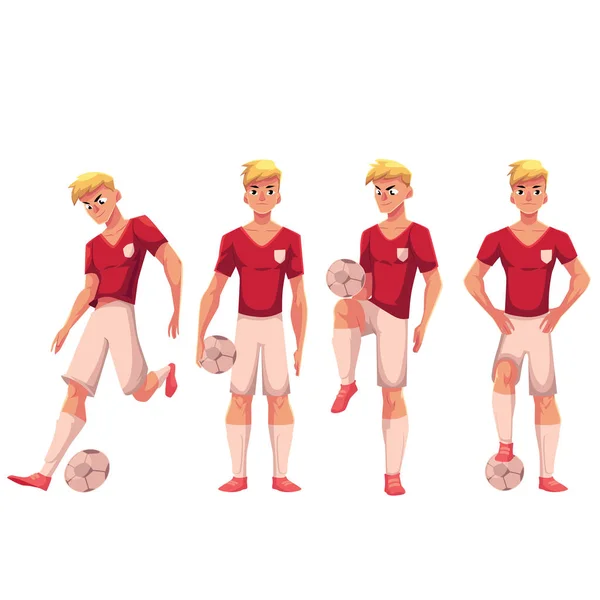 Uppsättning av fotboll, fotbollsspelare i olika positioner med boll — Stock vektor