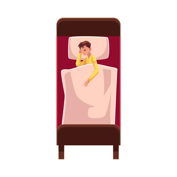 Homem dormindo na cama de lado sob cobertor, vestindo pijama —  Vetores de Stock