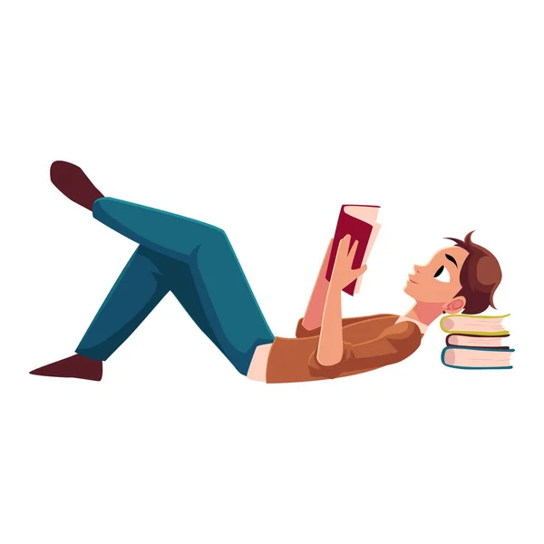 Junger Mann liest Buch auf dem Boden liegend — Stockvektor