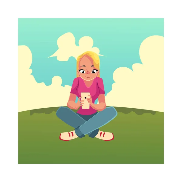年轻女人玩智能手机的移动电话，坐在双腿交叉 — 图库矢量图片