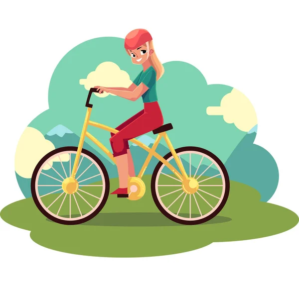 Joven mujer rubia bonita, chica montando en bicicleta, ciclismo — Vector de stock
