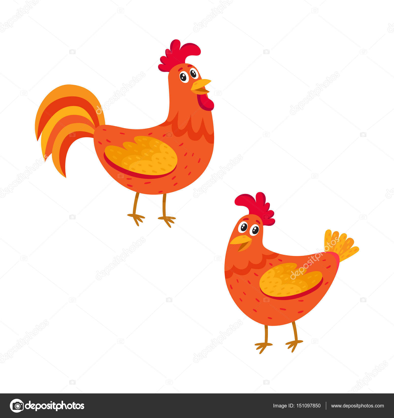 Um desenho animado de uma galinha com rabo vermelho.