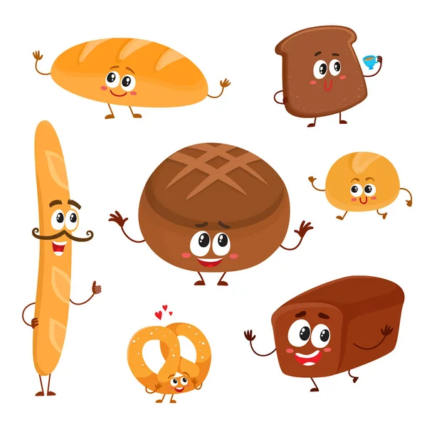 Conjunto de pan divertido, personajes de panadería con caras humanas — Vector de stock