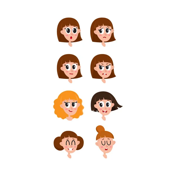 Ensemble, collection de femmes, expressions du visage fille, têtes, avatars — Image vectorielle